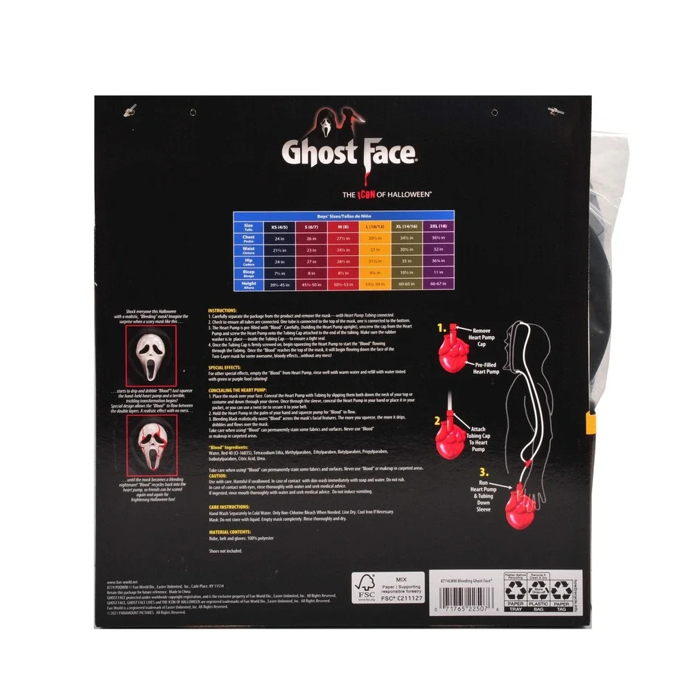 Fun World Ghost Face Bleeding Costume Kids Size L 10-12 Scream Mask Robe Gloves